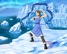 Load image into Gallery viewer, "Personalised Avatar The Last Airbender portrait" of a woman having brown air tied in a ponytail, dressed as a waterbender and standing in front of an ice castle.