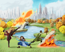 Load image into Gallery viewer, 'Avatar The Last Airbender' Style Custom Portrai of 2 Men and a woman dressed as Firebenders and waterbender respectively, in battle poses, in front of a river.