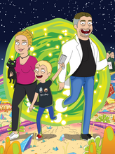 Load image into Gallery viewer, Rick and Morty custom picture with a Woman's hair tied in a bun, she's holding a black cat, Man holding a bottle of alcohol and son wearing a rick and morty shirt.