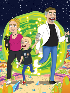 Rick and Morty custom picture with a Woman's hair tied in a bun, she's holding a black cat, Man holding a bottle of alcohol and son wearing a rick and morty shirt.