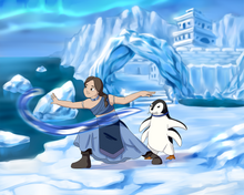 Load image into Gallery viewer, A woman posing as a waterbender, having her hair tied into a braid, with a penguin standing behind her in this 'Avatar The Last Airbender' Style Custom Portrait.