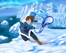 Load image into Gallery viewer,  'Avatar The Last Airbender' Style Custom Portrait of a woman as a waterbender, in a fighting pose in front of an ice castle, with water in the background.