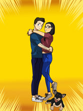Load image into Gallery viewer, A couple is hugging, looking in the front, and a dog sitting on the ground with a yellow background in this “my hero academia couple art”.
