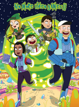 Load image into Gallery viewer, A family of 5, holding different gadgets and weapons in their hands and coming out of the portal in a rick and morty family picture