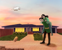 Load image into Gallery viewer, Avatar the last airbender couple portrait with man and woman as earthbenders, man giving woman a piggyback ride and appa flying in the air.