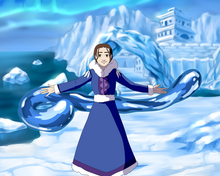 Load image into Gallery viewer, A woman with brown hair, dressed as waterbender, standing in front of an ice castle in a custom Avatar The last airbender picture.