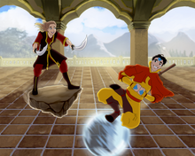 Load image into Gallery viewer, A couple drawn as earth bender and air bender and the woman is holding swords in both her hands in this Avatar couple portrait.