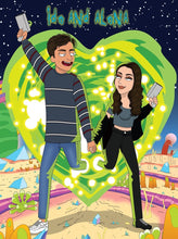 Load image into Gallery viewer, Rick and Morty personalised portrait where a man and woman are coming out of a portal with portal guns in their hands, looking at each other and their names written on the top in Rick and Morty font.