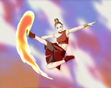 Load image into Gallery viewer, Personalised Avatar portrait of a woman with brown hair, tied up in a bun, bending fire, posing in the air with both her hands spread out horizontally.