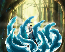 Load image into Gallery viewer, Avatar personal portrait of a man, wearing a blue outfit, bending water in the middle of a forest.