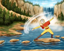 Load image into Gallery viewer,  Personalised Avatar portrait of a woman having a blue arrow tattoo on her forehead and bending air in the middle of a lake in a forest.