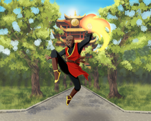 Load image into Gallery viewer, Customised Avatar portrait of a man posing with both his legs up in the air, bending fire in front of the fire nation building.