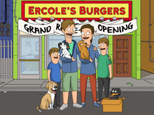 Load image into Gallery viewer, bob's burger artwork with a couple holding dogs, kids smiling, 1 dog sitting on the ground and another sitting in a box, all standing together outside the restaurant.