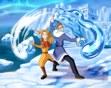 Load image into Gallery viewer, A woman bending air and a man, wearing specs is bending water outside an ice castle in this Avatar style drawing.