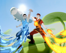 Load image into Gallery viewer, Custom Avatar portrait of 2 men bending water and fire with appa flying in the background.