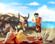 Load image into Gallery viewer, Avatar style portrait of a man teaching a boy the art of fire bending with a cat drawn as appa looking at a crab on a beach.