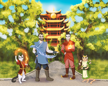 Load image into Gallery viewer, Avatar style family portrait- 2 men wearing specs are bending water and fire while 2 cats on the sides are bending fire and earth outside the fire nation building.