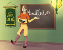 Load image into Gallery viewer, Customized Avatar portrait of a man with specs teaching Nomad culture with waterbending symbol in the background.