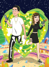 Load image into Gallery viewer, A couple is stepping out of a heart portal, man wearing a white shirt with black skeleton pants and a gold cross necklace and the woman wearing a black co-ord set, having bangs and winking in a Custom Rick and Morty drawing.