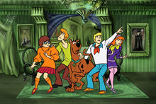 Load image into Gallery viewer, This custom anime portrait includes scooby doo characters in a scary mansion
