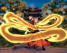 Load image into Gallery viewer, A man and a woman inside a fire ring, standing in front of the fire nation building in this Avatar style couples portrait.