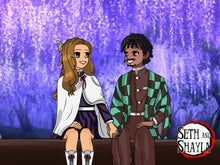 Load image into Gallery viewer, Couple drawn as Kanao and Tanjiro, holding hands and sitting in front of purple trees in a Custom Demon Slayer Portrait.