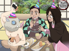 Load image into Gallery viewer, Demon Slayer Custom Art with couple wearing party hats and celebrating the guy's birthday along with Inosuke from the show.