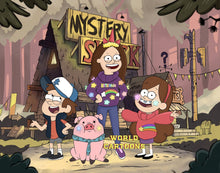 Load image into Gallery viewer, Custom "gravity Falls" style portrait where a girl in a rainbow sweater is standing with the characters of the show in front of the Mystery Shack.