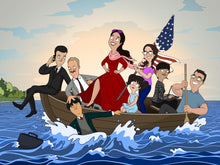 Load image into Gallery viewer, A custom anime family portrait of 9 people drawn as bobs burgers characters who are on a boat in the middle of a sea.