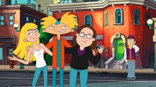 Load image into Gallery viewer, Custom "Hey Arnold" style portrait of a couple, woman posing with the characters from the show and man standing at the back picking his nose.