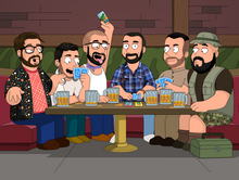 Load image into Gallery viewer, A Family Guy custom portrait featuring six animated characters gathered around a bar table at The Drunken Clam. They are engaged in a lively card game, with one person excitedly holding up a winning card. Each character has a unique style, ranging from casual to military-inspired outfits. Beer mugs filled with frothy drinks sit on the table, enhancing the fun atmosphere. The background features the classic pub setting with brick walls and green cushioned booths, staying true to the Family Guy cartoon style.
