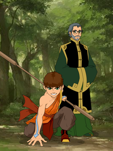 Custom Avatar The Last Airbender portrait of a young warrior with brown hair, wearing an orange and brown outfit, crouched with a wooden staff and ready to fight, alongside an elder sage dressed in a green and black robe, standing confidently in a lush forest background