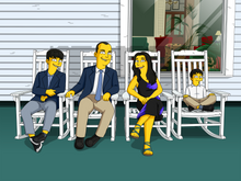 Load image into Gallery viewer, A Simpsons custom portrait of a family sitting on white rocking chairs on a porch, dressed in formal attire, with a cozy living room visible through the window.
