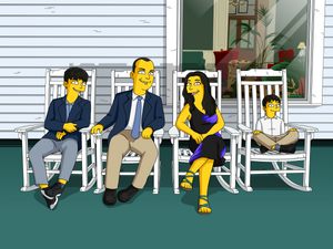 A Simpsons custom portrait of a family sitting on white rocking chairs on a porch, dressed in formal attire, with a cozy living room visible through the window.