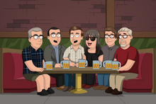 Load image into Gallery viewer, A Family Guy custom portrait featuring six friends sitting together in a cozy booth at a bar, resembling The Drunken Clam. They are dressed in casual and semi-formal outfits, each holding a frothy beer mug. The background showcases a classic pub setting with brick walls, wooden panels, and green cushioned seating, capturing the fun and animated essence of the Family Guy cartoon style.
