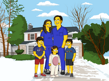 Load image into Gallery viewer,  A digitally illustrated family portrait in the style of The Simpsons. The family consists of two parents wearing blue scrubs and three children standing in front of a suburban house with a snowy landscape. The characters have yellow skin and exaggerated cartoon features, resembling the signature look of The Simpsons. The background includes trees, a driveway, and a partly cloudy sky.
