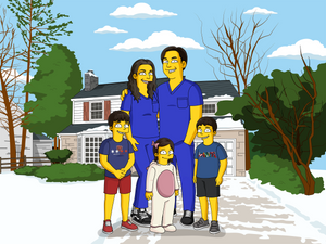  A digitally illustrated family portrait in the style of The Simpsons. The family consists of two parents wearing blue scrubs and three children standing in front of a suburban house with a snowy landscape. The characters have yellow skin and exaggerated cartoon features, resembling the signature look of The Simpsons. The background includes trees, a driveway, and a partly cloudy sky.