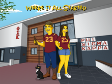 Load image into Gallery viewer, A cartoon-style illustration of a couple standing in front of a Phi Sigma Kappa fraternity house, both wearing matching maroon jerseys with the number 23. The man is holding a bottle and wearing cowboy boots, while a black and white cat sits nearby. The phrase “Where It All Started” is written at the top of the image.
