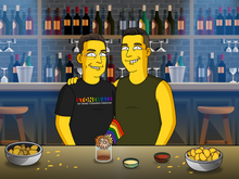 Load image into Gallery viewer, A Simpsons custom portrait of two friends at a bar, one in a Stonewall pride shirt, with bottles in the background and snacks on the counter.
