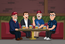 Load image into Gallery viewer, A Family Guy custom portrait of four men sitting in a booth at a bar, resembling The Drunken Clam setting, enjoying beers and chatting in a cartoon style similar to the show.
