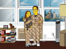 Load image into Gallery viewer, A cartoon-style illustration of a couple in matching patterned tracksuits, standing in a modern apartment with large windows showing a city skyline. The woman is holding a gray tabby cat, while the man is holding a small brown dog. The room has a bookshelf filled with books, a framed picture, and a wooden sculpture, along with a floor lamp and an air purifier.
