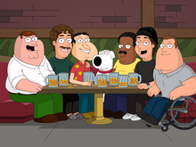 Load image into Gallery viewer, A Family Guy custom portrait featuring Peter Griffin, Brian, Quagmire, Cleveland, Joe, and a few other characters gathered at The Drunken Clam. They are seated around a wooden bar table filled with frothy beer mugs, sharing a lively moment. The classic Family Guy cartoon style is evident, with exaggerated facial expressions and bold outlines. The pub’s signature brick walls and green cushioned booths create an authentic setting, making it a perfect tribute to the beloved animated series.
