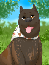 Load image into Gallery viewer, A portrait painting of a dog with its tongue sticking out, sitting in a garden.
