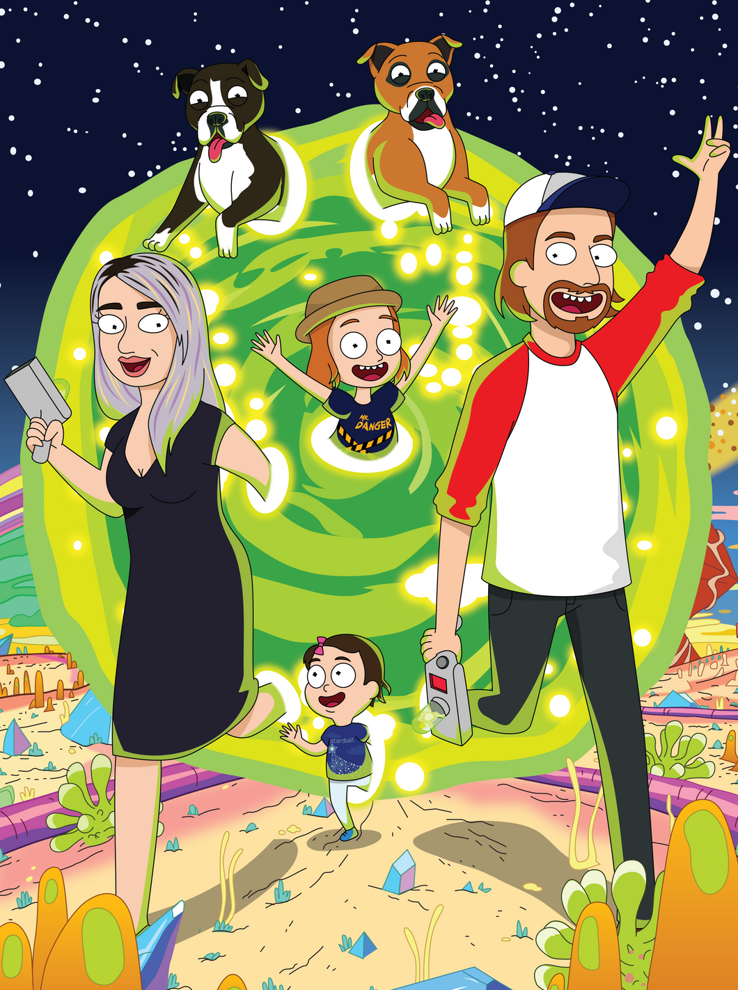 rick and morty family portrait with couple holding portal guns along with the kids and dogs, all coming out of the portal.
