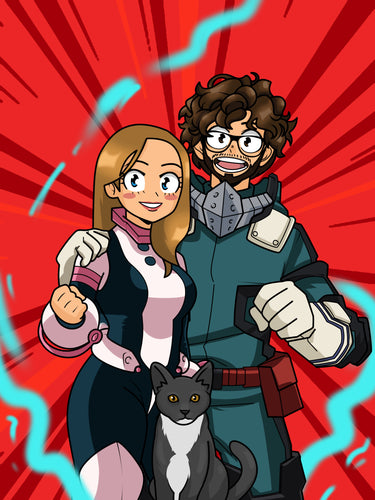 The perfect my hero academia family portrait of a couple and their cat in a red background and blue lightning.