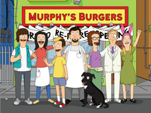 Load image into Gallery viewer, bob&#39;s burgers family portrait of 7 family members and a dog, humans dressed as characters from the show with Murphy&#39;s Burgers written on the board.

