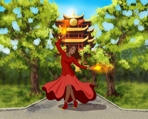 A woman wearing a red dress, standing in a beautiful pose, bending fire in front of the fire nation building in this Avatar portrait.