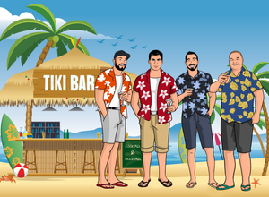 4 men wearing beach shirts, holding drinks and standing in front of a beach bar in this Custom archer picture.