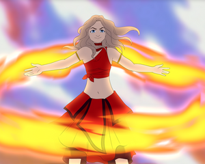 Customized Avatar portrait of a blonde woman with blue eyes bending fire, standing inside a ring of fire.