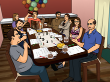 Load image into Gallery viewer, Personalised archer portrait where a group of people is sitting around a table, wives looking pissed at husbands, drinks and snacks are kept on the table.

